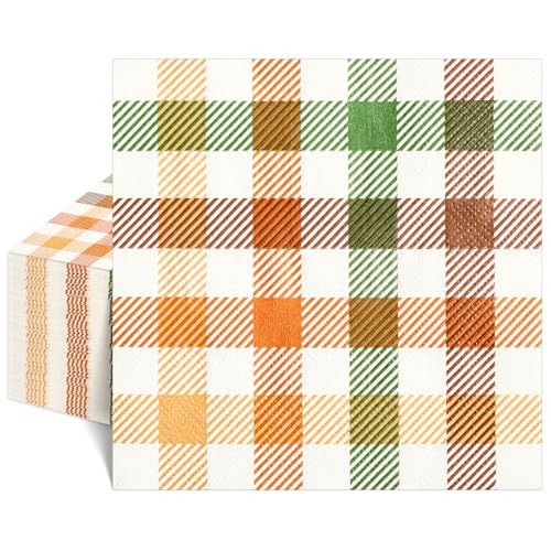 NatNarr 100 Pcs Fall Napkins, 5' Autumn Plaid Cocktail Napkins