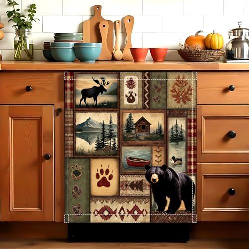 Image of Cabin Bear Dishwasher Magnet Cover, 23''x26'' Rustic Lodge Moose Deer Dishwasher Magnet Cover Summer Dishwasher Sticker for Kitchen Farm Dish Washer Sticker Fridge Panel Decal