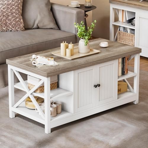 YITAHOME Coffee Table with Storage, Farmhouse Coffee Tables for Living Room, Rectangle Coffee Table 2 Tiers Shelf, CenterTable Space Saving Living Room Small Tables, Easy Assembly, Brown and
