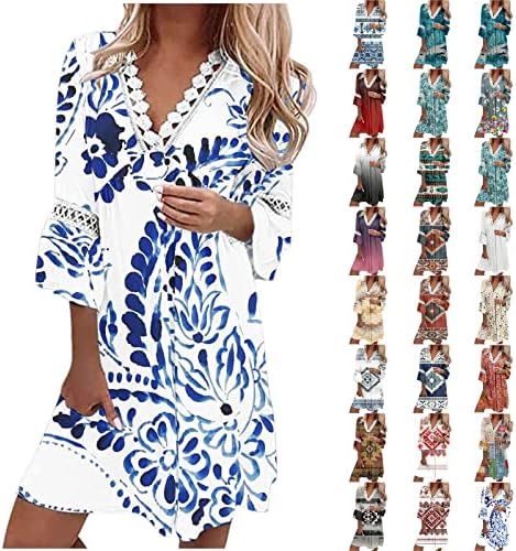 EOION Women's Short-Sleeve, Women's Dress Long Sleeve Romper Spring Dresses for Women Plus Size Wedding Fashion V-Neck Printed Lace Patchwork Bohemian Casual Resort Dress V-Neck-Print (XXL, Blue-11)