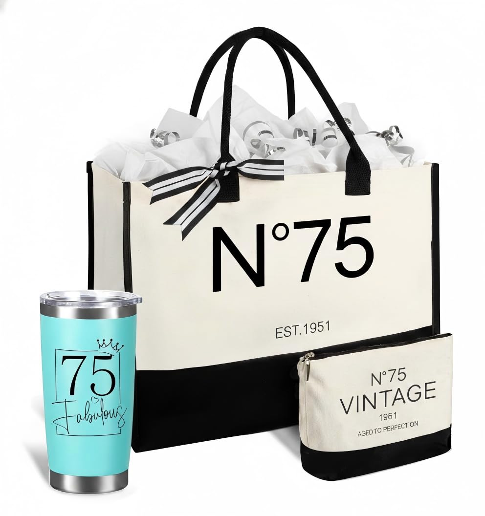 Physkoa 4Pcs Womens Birthday Gift Set, Tote Bag with Tumbler, Double Sided Gift Wrap Bags, for 40/50/55/60/65/70th Birthday N75