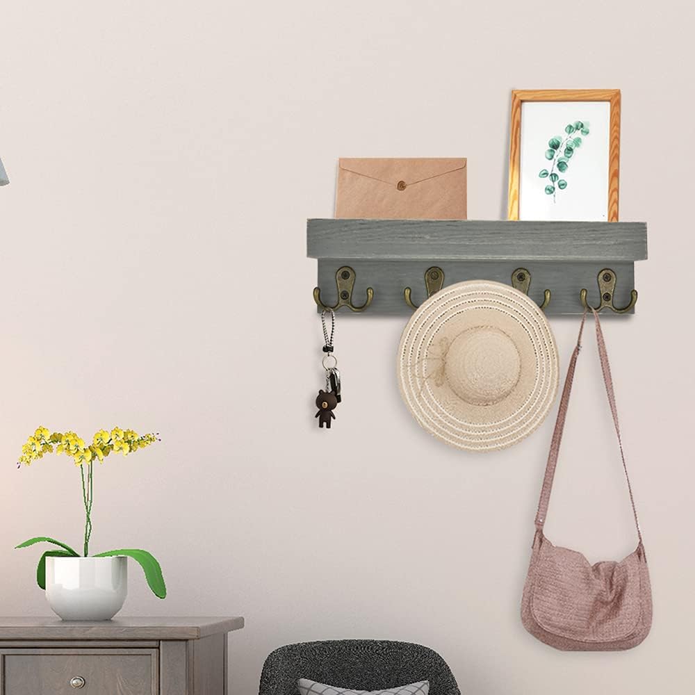 Homode Key Rack with Shelf, Wall Mounted Rustic Wood Entryway Storage Organizer with 4 Antique Double Hooks- Holds Coats, Hats, Keys, Scarfs, Leashes, Letters- Grey Wash