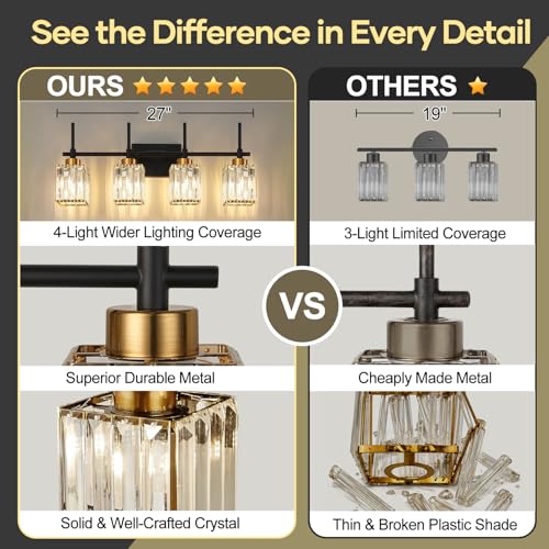 Image of Torondo Modern Crystal Bathroom Vanity Light 4-Lights Gold Bathroom Light Fixtures Over Mirror Black and Gold Vanity Lighting Fixtures Gold Square Shade Brass Wall Sconce (Bulbs Not Include)