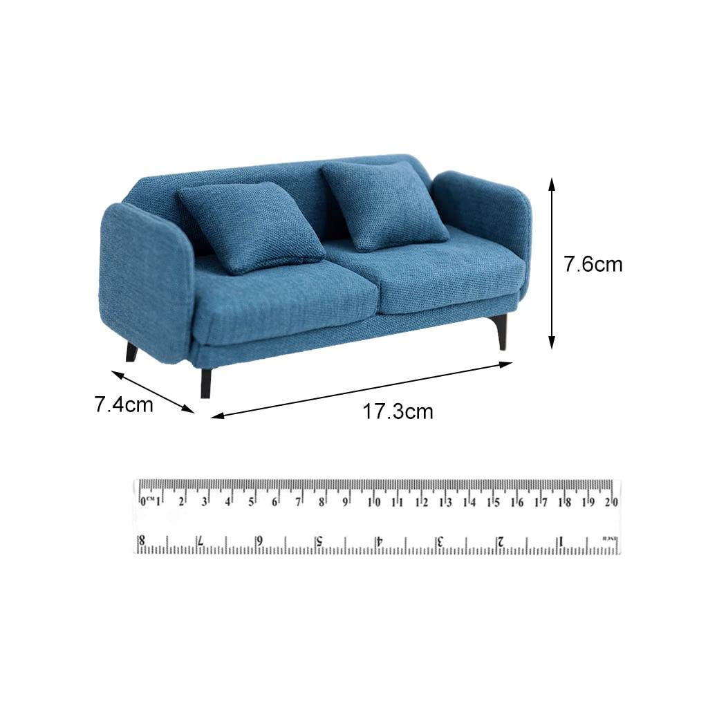 Sofá para Casa de Muñecas, Sofá Doble en Miniatura, Madera, Franela, Muebles para Sala de Estar, Decoración, Accesorios para Casa de Muñecas, Azul