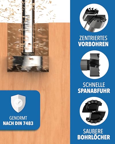 Forstnerbohrer-Set 8-teilig [12–40 mm inkl. Aufbewahrungsbox] – Topfbohrer Holz, Präzisionsbohrer Flachkopf, Bohraufsatz Scharnierbohrer, Holzbohrer flach, Scharnierlochbohrer, Möbelbau-Bohrer