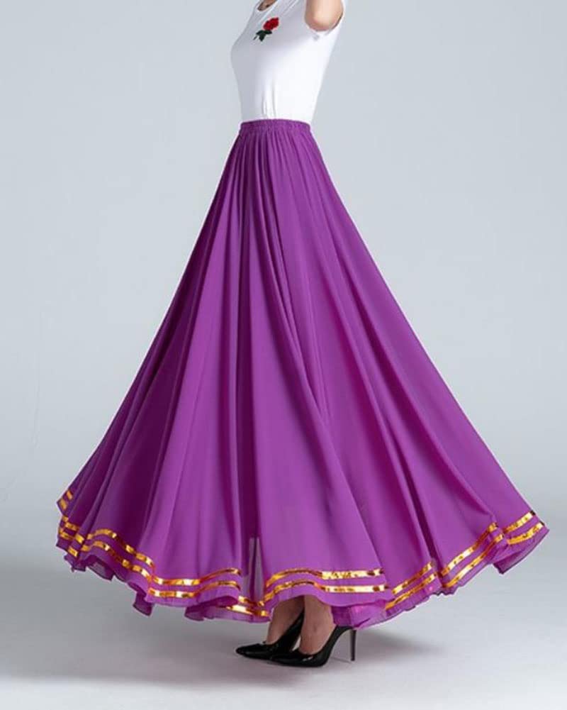 GUOCU Femme A-Ligne Jupon Long Jupe Brillante en Mousseline de Soie Square Dance Maxi Danseuse de Ballet Jupe Performance Flamenco Tribal Training Danse du Ventre