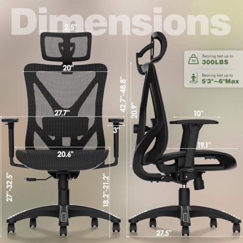 Image of ELABEST T23 Ergonomic Mesh Office Chair, High Back Computer Desk Chair, Breathable AirMesh with Dual-Move Lumbar Support, 3D Armrests & Headrest, Tilt Lock,Big and Tall for Home Office(Onyx)
