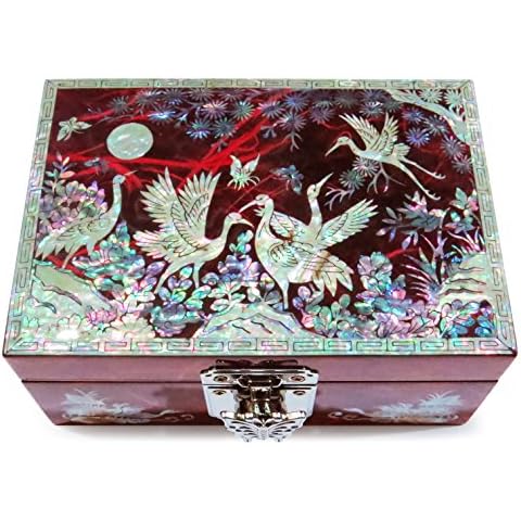 MADDesign Mother of Pearl Lacquered Jewelry Box Ring Tray Cranes Red Cover