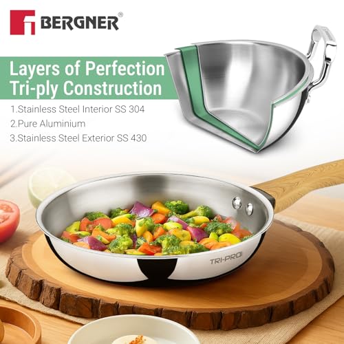 Image of TriPro Triply Stainless Steel 24cm Frypan with Wooden Soft Touch Handle, Triply Frying Pan for Cooking, Consumes Less Oil, Healthy Cooking, Even and Faster Heating - Induction and Gas Stove Ready