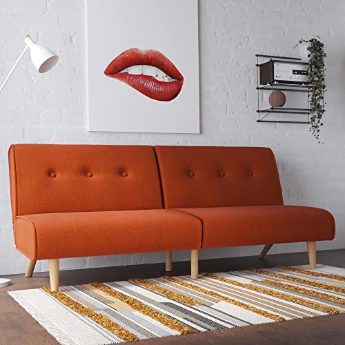 Novogratz Palm Springs 72 Inch Futon Sofa Bed, Armless Upholstered Couch Sleeper with Tufted Back, Mid-Century Modern, Orange