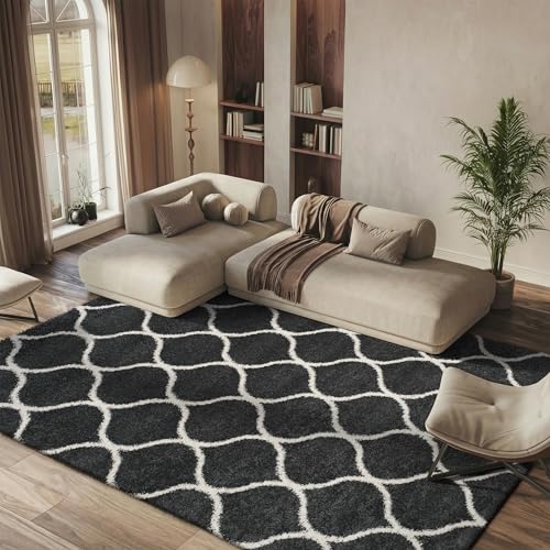 Safavieh Hudson Shag Collection SGH280G marokańska kratka Ogee dywan 5-calowy gruby, 13 cm x 19 cm, ciemnoszary/kość słoniowa