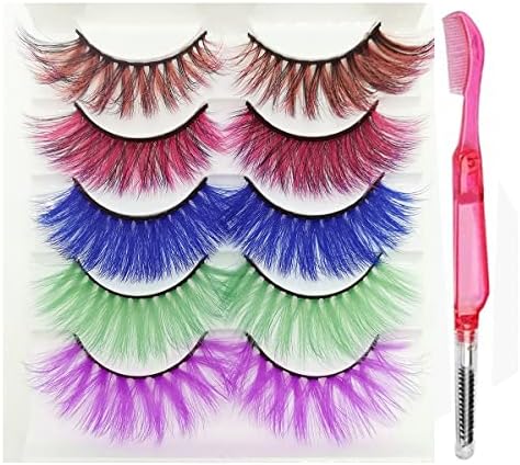Colored Lashes With Comb Set 5 Pairs Colorful Eyelashes Halloween Easter Faux Mink Colored False Eye Lashes Long Dramatic Party Fake Eyelashes Makeup Tools