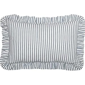 VHC Brands Sawyer Mill Ticking Striped Cotton Farmhouse Pillow 22×14 Filled Bedding Accessory 14×22 Blue Denim