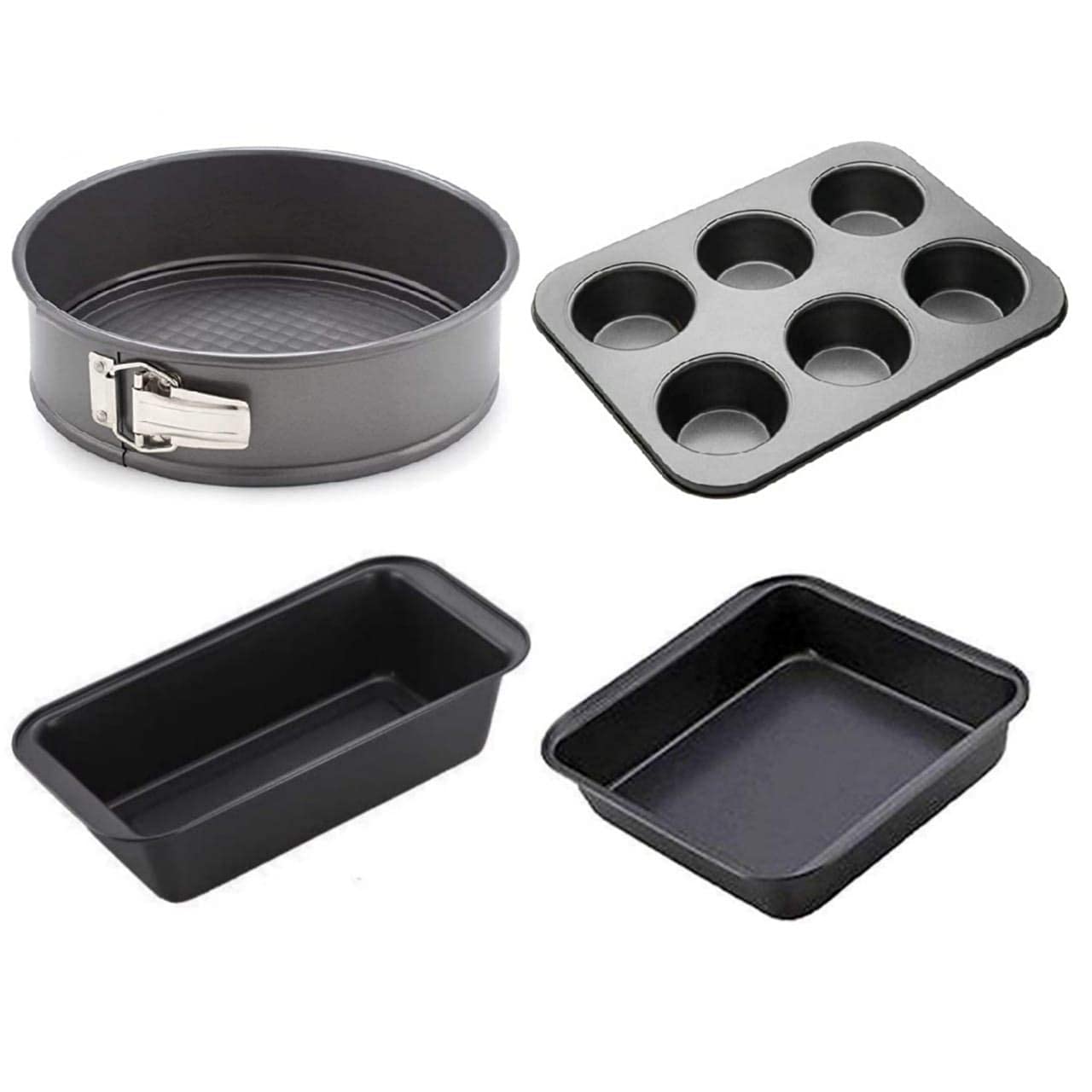 MAFAHH Cake Baking 4 in 1 Combo of Heart, and Square Shape Cake Mould with 6 Slot Muffin Tray and Bread Loaf Pan | Teflon Coded Non-Stick Cake Tin | Cake Mould Combo | Bakeware Combo