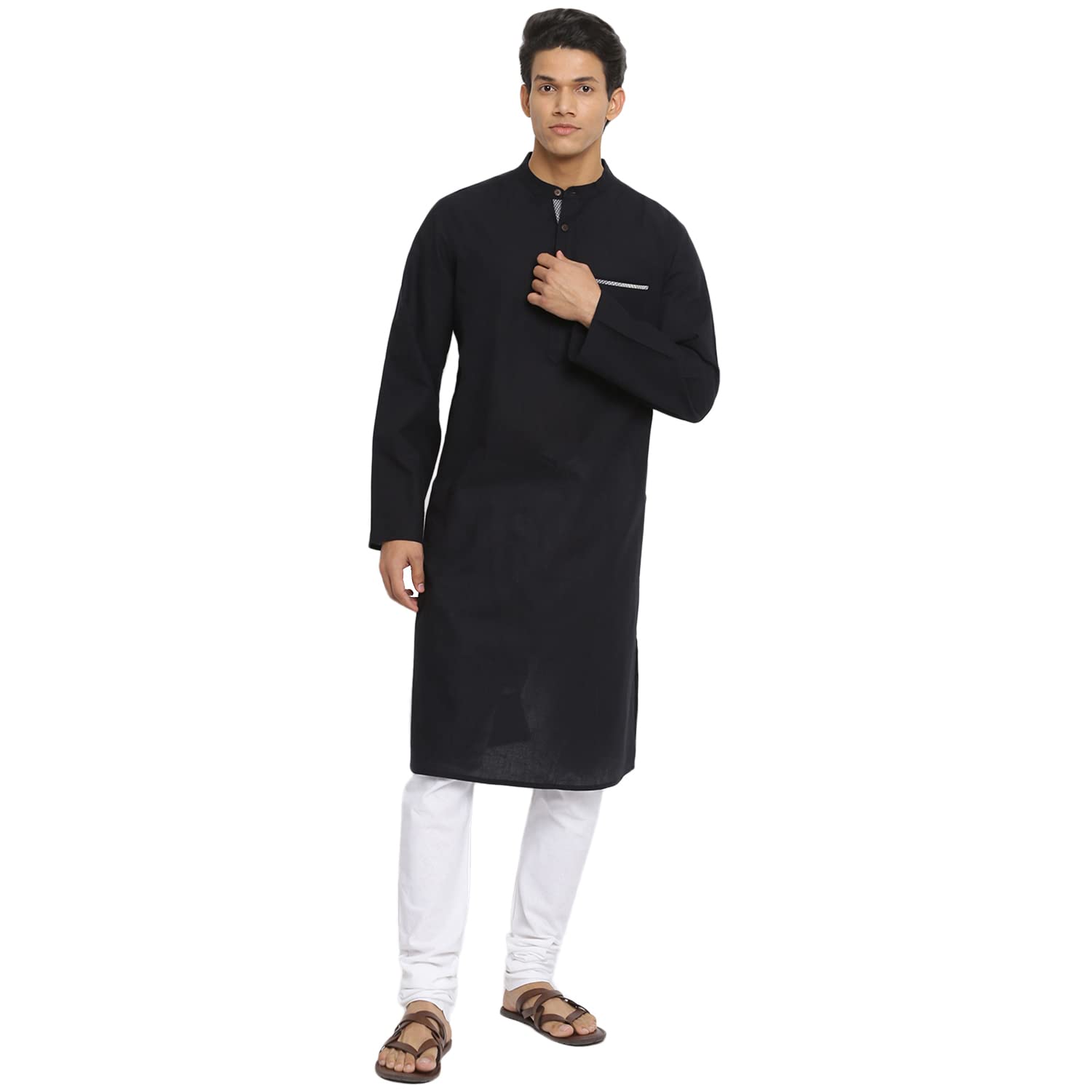 FabindiaMen Trim Chinese Collar Cotton Long Kurta Contrast_Black
