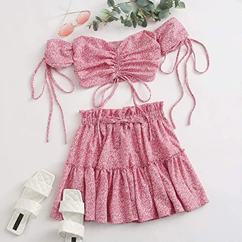 Floerns Women's Two Piece Outfit Floral Off Shoulder Drawstring Crop Top And Skirt Set Pink Floral S #TOP4