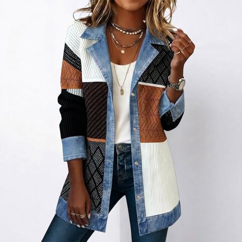 Corduroy Jacket Women Patchwork Jacket Women Patchwork Lapel Corduroy Denim Blazer Button Down Long Sleeve Brick Red Large - image 2