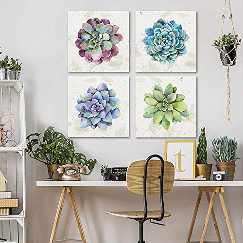 Yatehui Succulent Plants Wall Art Simple Life Canvas Giclee Prints 4 Pieces Watercolor Hand-Drawn Colorful Leaf Pictures Botanical Paintings For Living Room Kitchen Decor 12 X 12 Inches #TOP1