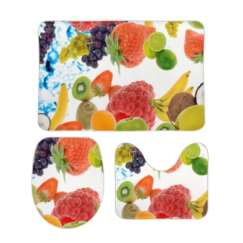 トイレマット 3点セット 果物 いちご キウイ バナナ フタカバー 便座カバー 洗える トイレカバー ふわふわ 滑り止め U型 O型 兼用 ズレない おしゃれ 吸水速乾 50cm x 80cm