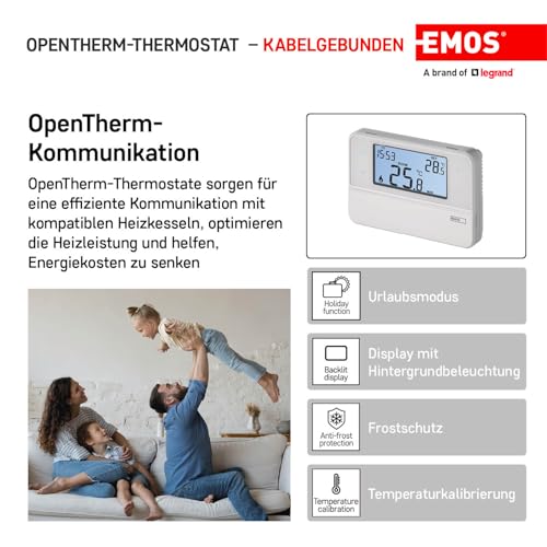 Emos Digitaler Raumthermostat mit OpenTherm-Unterstützung - Programmierbarer, verkabelter, oberflächenmontierbarer Thermostat, weiß, 12,6 x 8,4 x 2,6 cm