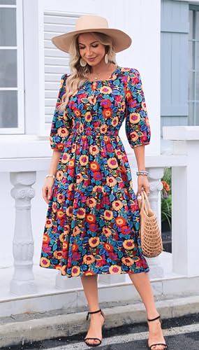 Image of Kormei Women Summer Casual Boho Floral Round Neck 3 /4 Sleeve Smocked Waist Tiered Flowy Swing Midi Dress L Black /Red
