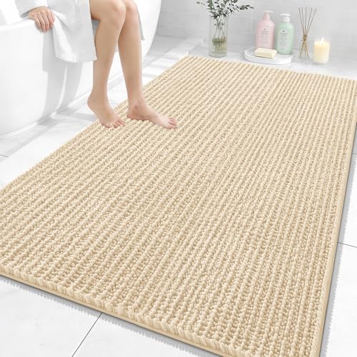 Image of OLANLY Bathroom Rug Mat 59x35, Thick Soft and Absorbent Chenille Bath Mat, Non-Slip Rubber Backing, Machine Washable Quick Dry Bath Rugs for Tub Shower Floor, Home Decor Accessories, Beige
