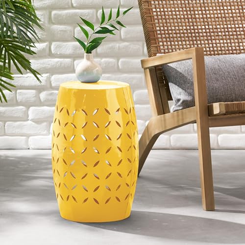 Christopher Knight Home Hayon 17.75'' Small Outdoor Side Table, Metal Outdoor Stool, Lace Cut Iron End Table, Hollow Drum Round Side Table, Decorative Garden Stool with Cutout Design, Yellow