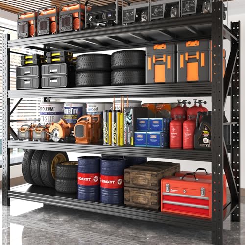 PLMFJQK Garage Shelving Units,67" Wide Heavy Duty 4-Tier Metal Storage Shelf with Adjustable Shelves,3000lb Capacity Industrial Shelving for Garage Organization,Basement Storage,WorkshopWarehouse