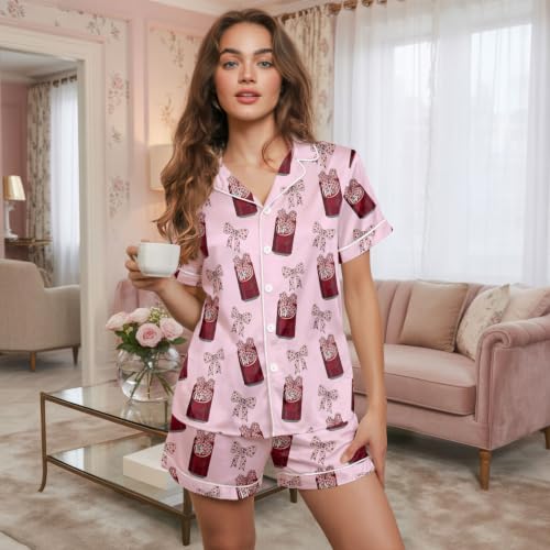 Image of Women 2PCs Satin Pajama Set Short Sleeve Silk Feel Gift Sleepwear
