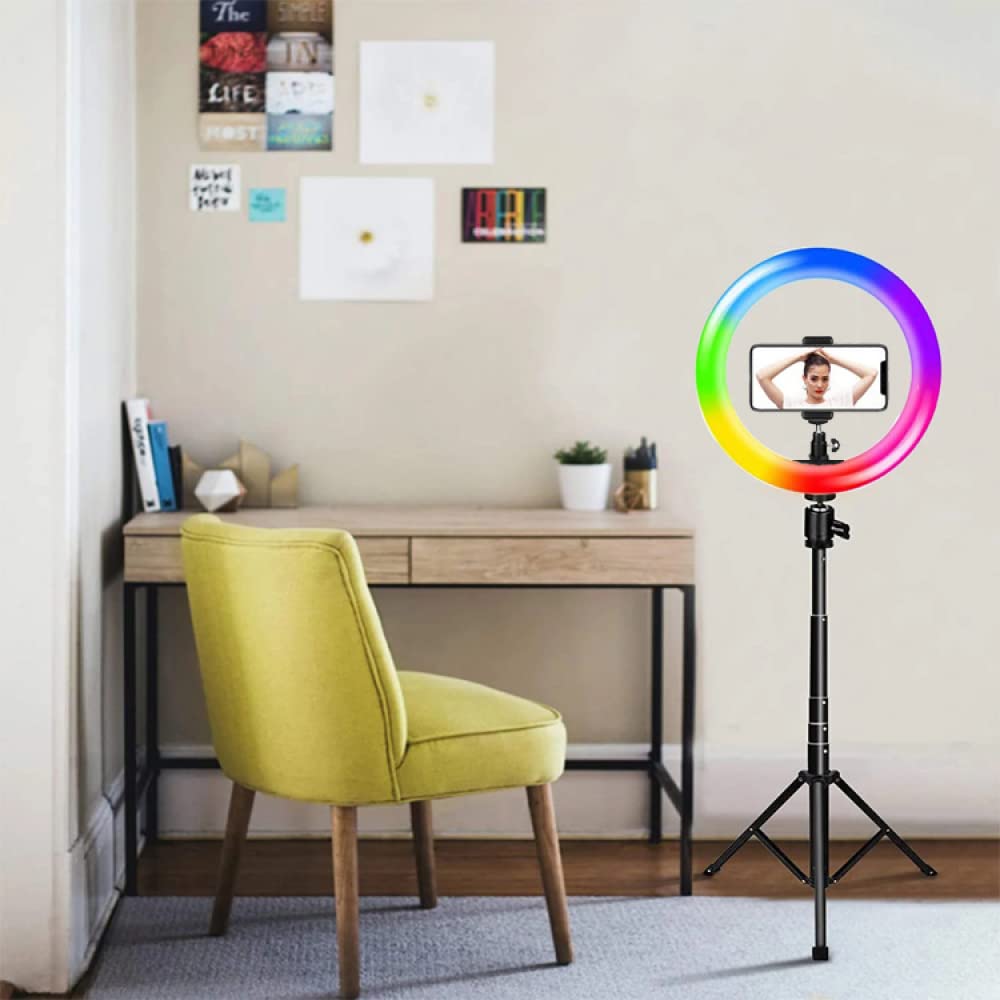 12 Zoll Ringlicht mit Ständer und Telefonhalter Hoch 56 Zoll, Schreibtisch-Ringlichter mit 10 dimmbaren Stufen und 7 RGB-Farben, LED-Kreislampe mit für Selfie-Make-up-Meetings