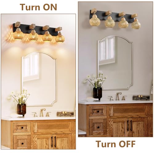 LmnLvn Farmhouse Bathroom Light Fixture, 4-Light Boho Vanity Light, Bamboo Bathroom Light Fixture Over Mirror Rustic Vanity Lighting with Handmade Bamboo Shades, Suit for Restroom, Bedroom, Hallway by LmnLvn - Used condition - Image 5