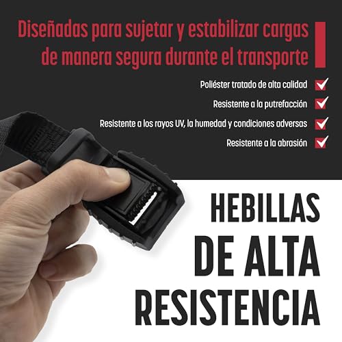 Miniatura 4 de Magma Pack 2 Cinchas De Amarre De 3m Correas Para Baca Coche Y Portabicicletas. Surf, Bici, Kayak, Moto Hebilla -Trinquete Con Protección De Goma Para No Rayar Carga Segura - Swl: 250kgf Negro