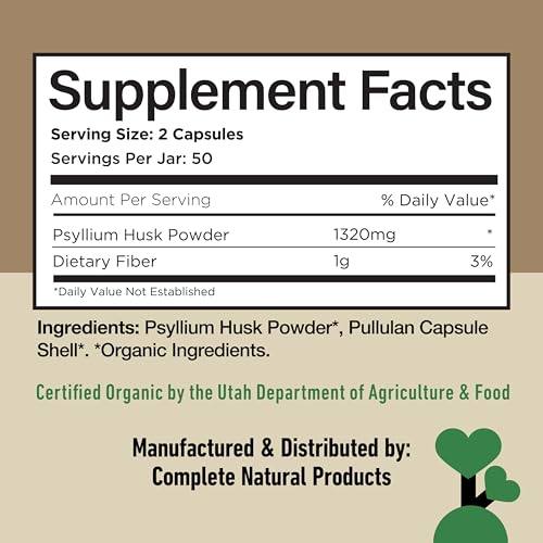 Image of Organic Psyllium Husk Capsules 660mg - Fiber Caps Supplement, Psyllium Capsules for Digestive Regularity, Colon Cleanse Support, Unflavored Whole Fiber Powder Pills, Vegetarian Gluten Free Daily Aid | Organic psyllium husk capsules for fiber, digestive regularity and colon cleanse support; vegetarian, gluten free daily caps
