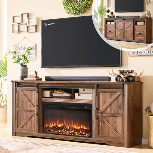 For 80 Inch Tv, 32" Tall Entertainment Center W/drawer & Sliding Barn Door, 70 Inch Highboy Media Console For Living Room, Brown