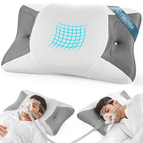 Elviros CPAP Pillow for Side Sleeping HSA/FSA Sleep Apnea Memory Foam Pillow for All CPAP Masks Users to Reduce Air Leaks & Masks Pressure Adjustable Height with Cooling Breathable Cover