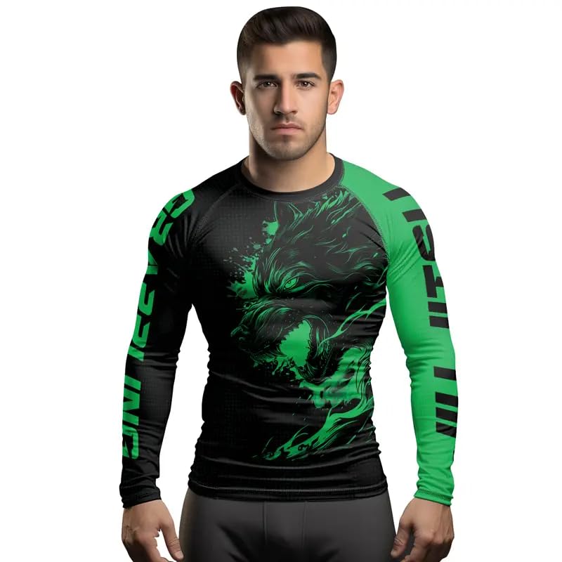Wolf Men's BJJ Jiu Jitsu Rash Guard, Long Sleeve Compression Shirt for MMA Muay Thai Grappling4