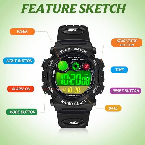 Image of Dayllon Kids Digital Watch,Boys Digital Outdoor Sport Waterproof Watch,with Calendar 12 /24H Alarm 7 Colorful Backlight Stopwatch Wristwatch for 3-15 Years Old