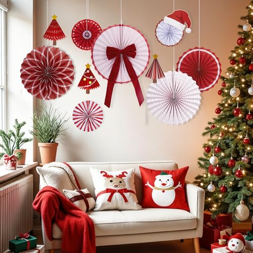 Image of Christmas Paper Fan Decorations Christmas Decorations Classroom Red Hanging Paper Fans 10PCS with Santa Hat Gold Stars for Xmas Winter New Year Wall Ceiling Party Holiday