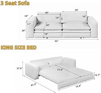 DNChuan 93.7" Pull Out Sofa Bed King Size with Pillows,3-in-1 Convertible Sleeper Couch,Teddy Upholstered 3 Seater Sofabed for Living Room,Light Gray