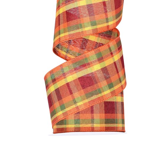 Fall Ribbon Wired, 2-1/2 Inch x 10 Yards, Fall Plaid Ribbon Wired for Wreaths Bows Crafts Decoration  Orange Yellow Green