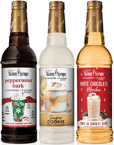 Jordan's Skinny Syrups Holiday Coffee Sugar Free Syrup : Peppermint Bark, Sugar Cookie, and White Chocolate Mocha. One 25.4 fl oz Bottle of Each Flavor