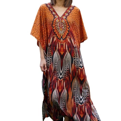 WAZHAKU Vestido de verano africano Djellaba para mujer, estilo bohemio, estilo oriental, estilo oriental, bohemio, kimono, playa, traje de baño, R Orange, Talla única