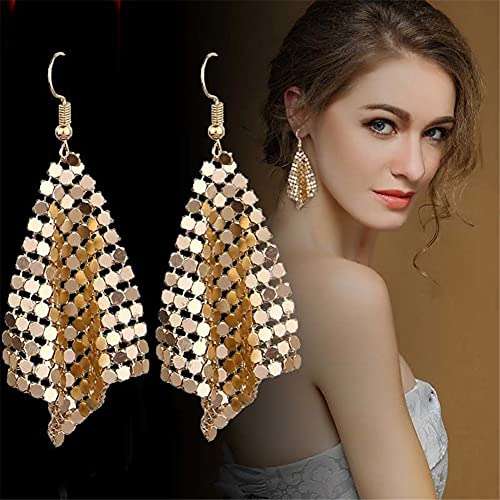 CHUNYANAN Metal Mesh Grid Sequins Gold Tassel Long Drop Dangle Earrings for Women Fashion Charm Tassel Earrings Jewelry Gift4