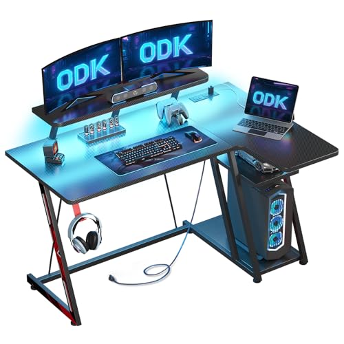 ODK Gaming Desk with LED Lights & Power Outlets, 120CM Computer D...