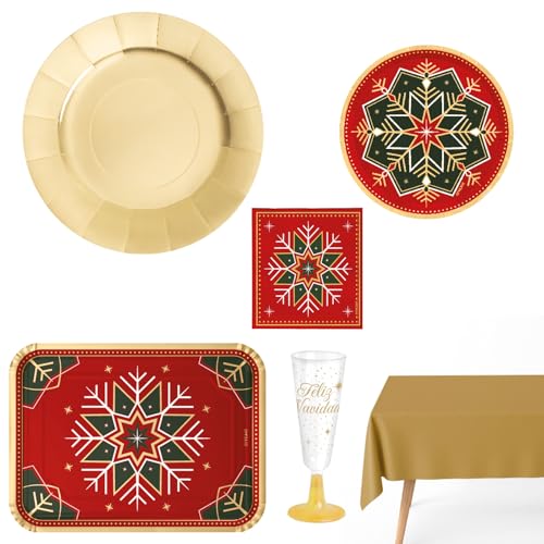 OH YEAH - Kit Vajilla Navidad 12 Personas Copo Nieve - 70 Piezas - Platos, Vasos, y Servilletas Desechables - Temática Navideña - Cenas Navideñas, Reuniones Familiares y Fiestas de Fin de Año