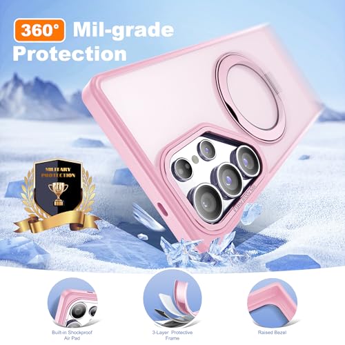 Image of for Samsung Galaxy S25 Ultra Case with 360Rotatable Magnetic Ring Stand Compatible with Mag-Safe Military Protection Shockproof Matte Translucent Phone Cases for S25 Ultra 6.9 inch,Pink