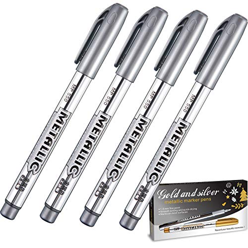 4 Pieces Metallic Marker Pens, Metallic Paint Pen Markers Suitable for Cards Writing Signature Lettering Metallic Painting Pens (Silver) 4 Pieces Metallic Marker Pens, Metallic Paint Pen Markers Suitable for Cards Writing Signature Lettering Metallic Painting Pens (Silver)
