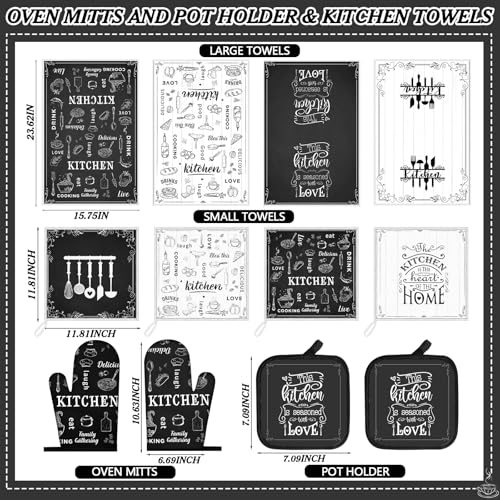 12 Pcs Farmhouse Kitchen Decor Sets, 8 Black and White Kitchen Dish Towels 2 Pot Holders 2 Oven Mitts Glove, Rustic Hand Towels and Dishcloths Sets for Home Decorations Accessories Christmas Mom Gifts