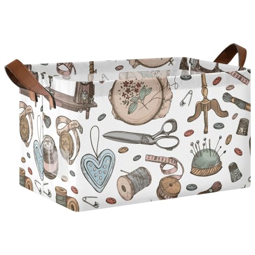 YNNALE Hand Draw Retro Sewing Supplies Storage Basket Foldable Cube Storage Bins with Handles&Label Collapsible Organizer Box Bin Rectangle Decorative Baskets for Shelves Home Living Room Closet