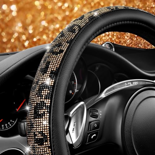Image of CAR PASS Bling Diamond Steering Wheel Cover Leopard Pattern, Sparkly Crystal Glitter Rhinestones Black Leather Wheel Protect for Women Girl Fit Suvs,Vans,Sedans,Cars,Trucks, 14 inch 1 /2-15 inch Gold Leopard